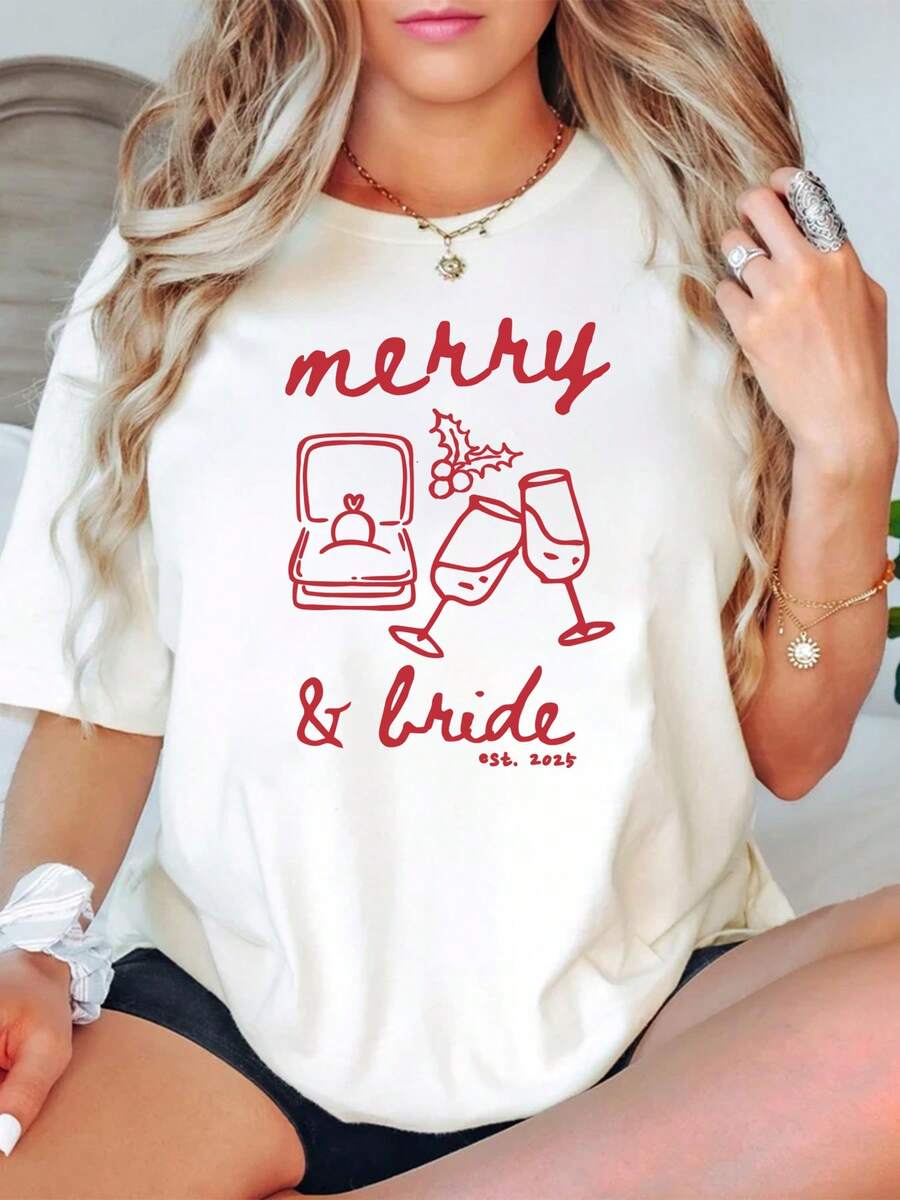 Oversized Style For Women, Merry & Bride T-Shirt Festive Celebration Of Love With Playful Design, Perfect For Bridal Parties, Loose Type Shirt For Women, Perfect For Holiday Parties Or Gift Giving, Soft And Comfortable
