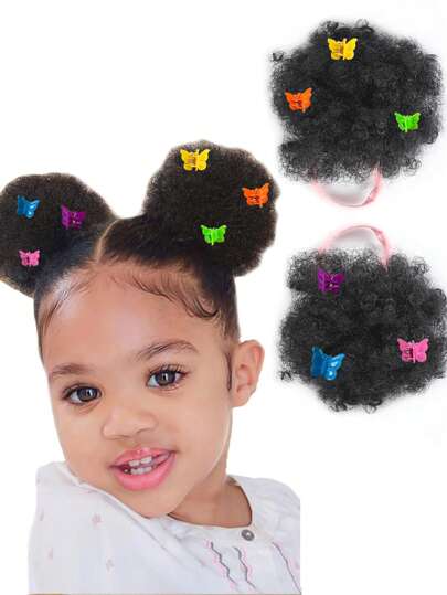 2PCS Children's Ponytail Double Layer African Fluffy Curly Hair Bun With Small Butterfly Decoration(Color Random) For Little Girls Natural Black Synthetic Women's Wigs Hair Bands Wigs Christmas Wigs