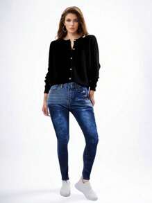 Cárdigan de punto de color liso con cuello redondo - Negro - Ver 2