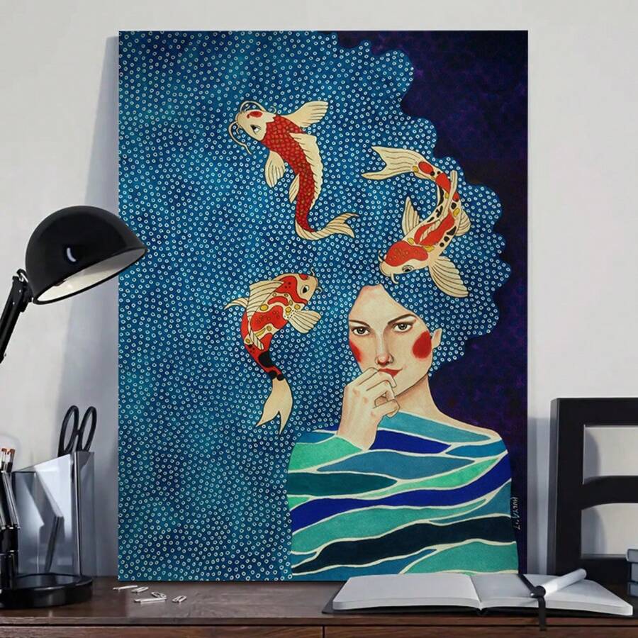 1PC Framed Girl Goldfish Ripple Oil Painting, Blue Polka Dot Painting Suitable For Home Decoration - Blue - View 1