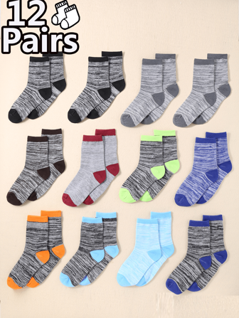 12 par barns enfärgade vinterstrumpor för vår och höst, lämpliga för barns sportstrumpor och mellanrörsstrumpor
