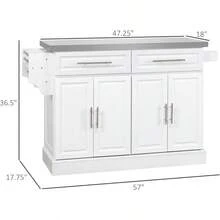 Rolling Kitchen Island With Storage, Portable Kitchen Cart With Stainless Steel Top, 2 Drawers, Spice, Knife And Towel Rack And Cabinets, White