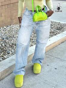 女士复古简约休闲宽松直筒牛仔裤 - 淺色水洗藍 - 查看 5