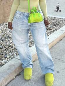 女士复古简约休闲宽松直筒牛仔裤 - 淺色水洗藍 - 查看 4