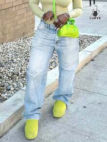 女士复古简约休闲宽松直筒牛仔裤 - 淺色水洗藍 - 查看 3