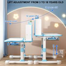 2Pcs/Set Kids Study Desk Chair Set, Height Adjustable Children School Study Table Chair Set With Sitting Corrector, Ergonomic Desk Chair With Book Stand, Foot Pedal, Partition Design - Blue - View 11