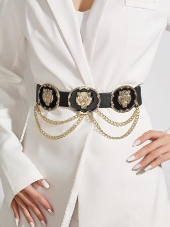 1pc Women Elastic Tiger Head Buckle Gold Color Waist Chain Summer, School Fall, Autumn, Halloween