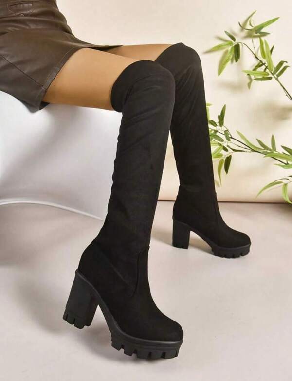 botas negras largas  basicas de mujer hasta la rodilla maxi, plataforma de dama, botas de calcetin estilo elegante, fiesta, casual, invierno y otoño tacon bajo cudrado