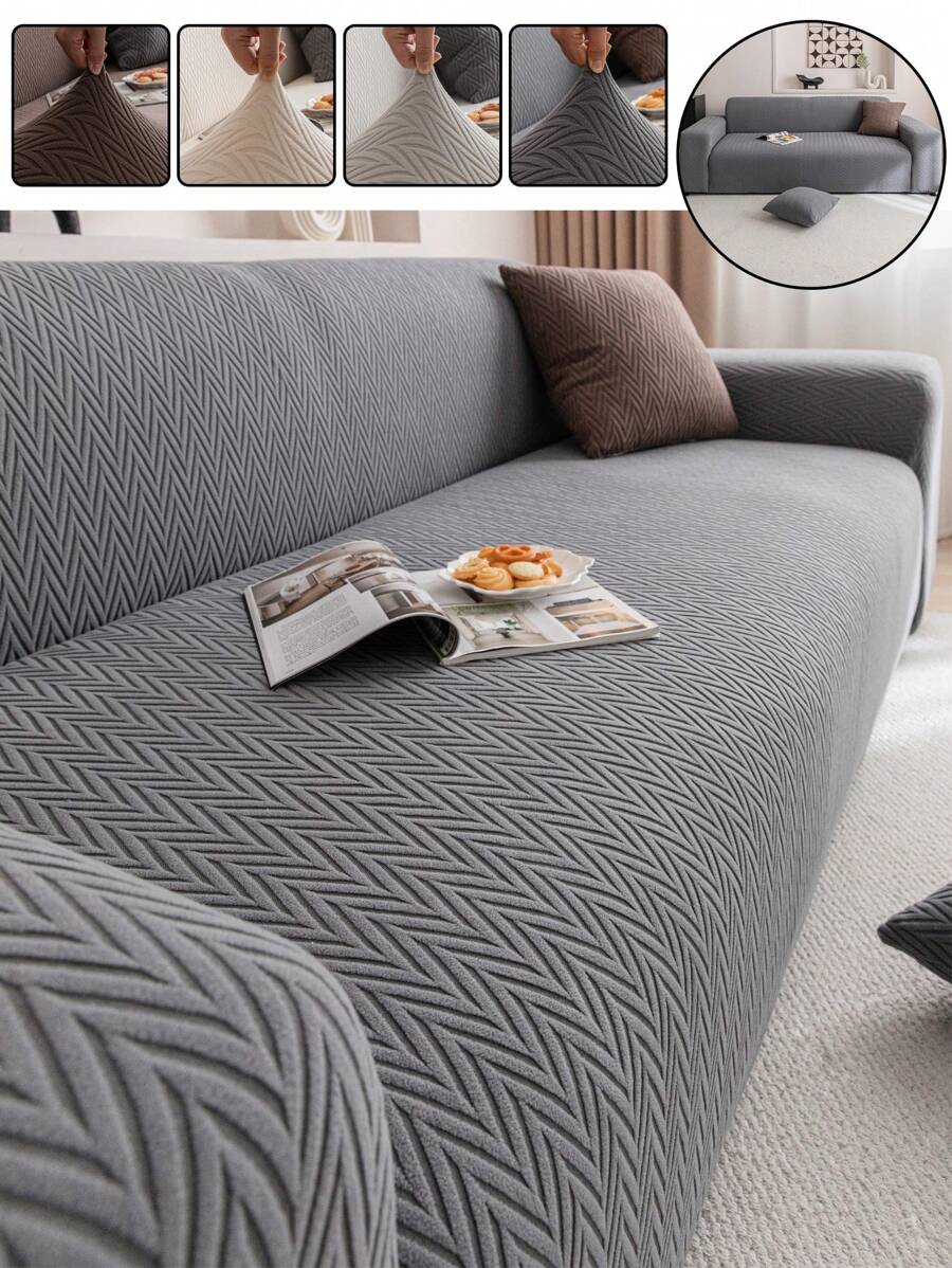 1pc 3D Sofa Cover, Multipurpose Full Sofa Cover With Leaf Design, Protective Sofa Cover For Holiday Decor, High Stretch One-Piece Sofa Slipcover, With 1 Pillow Cover - Màu xám đen - Xem 1