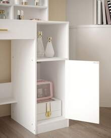 HEXCELEN Dressing Table With Mirror And 10 LED Lights, Dressing Table With 3 Shelves & 4 Open Compartments, Dressing Table With Large Drawer & Cupboard - trắng - Xem 5