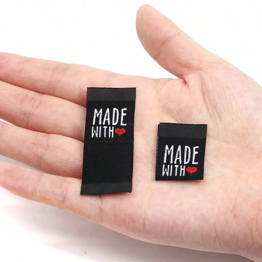 50 Made With Love Folded Clothing Woven Labels Clothing Collar Labels Universal Woven Labels Decorative Handmade Labels - Black - View 1