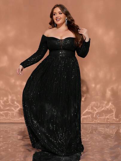 Black Off-Shoulder Long Sleeve Sequin Ribbon Plus Size Evening Dress, Party Dress, Wedding Guest Dress, Formal Dress