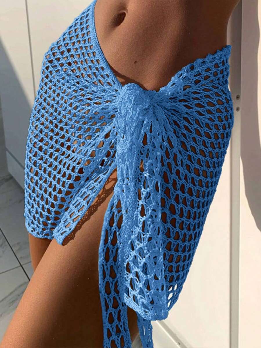 Cobertor de playa para mujer de unicolor con corte a ganchillo y holgado, para cubrir el traje de baño de verano - Azul - Ver 1