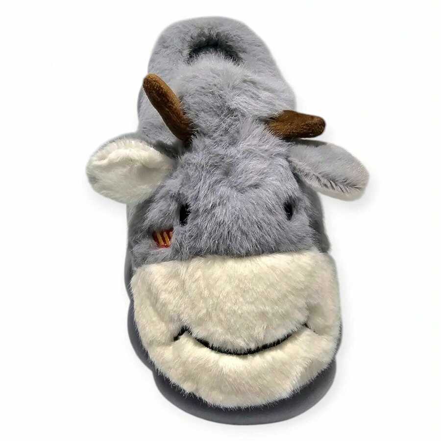 Pantuflas para dama, niños y niñas estilo vaca o vaquita super comodas, diversos colores, afelpados y cosidos para estar en casa en invierno o para regalo de navidad - Gris - Ver 1