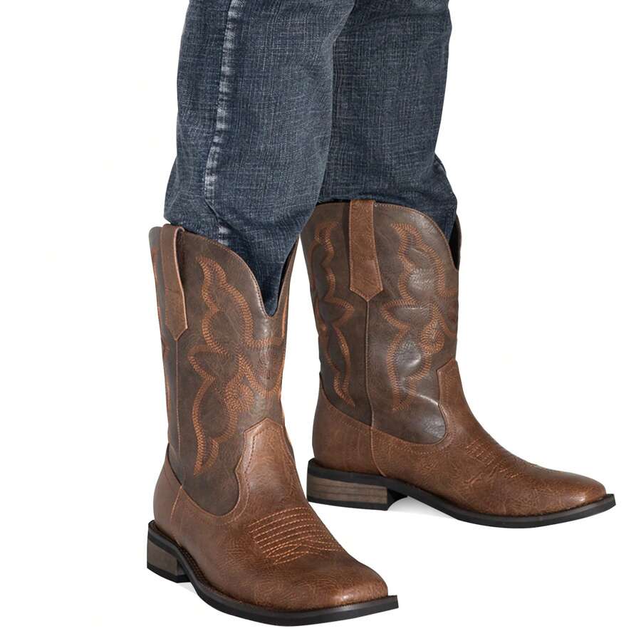 Pasuot Cowboy Boots For Men - Western Boot Men's Cowboy Boots With Square Toe | Cowboy Western Boot | Pull-On Boots| Old West Style Embroidered,Brown - 深棕色 - 查看 1
