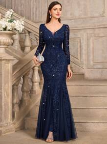 Elisanya Vestido de fiesta de noche de tul con escote en V profundo, manga larga, bajo con cola de sirena y adornos de lentejuelas y encaje floral, vestido de invitada de boda, vestido formal - Azul Marino - Ver 4