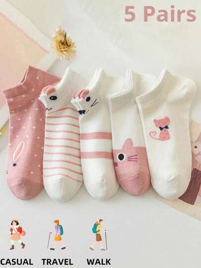 5 Pairs Women's Thin Ankle Socks, Cute Cat Print, Breathable Casual Boat Socks, Slow Rebound