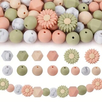 46pcs Daisy Silicone Bead Set - Multicolor Round & Hexagon Spacer Beads For DIY Jewelry, Necklaces, Bracelets, Keychains & Bag Charms