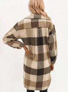 Khaki Plaid Button Down Flap Pocket Long Coat