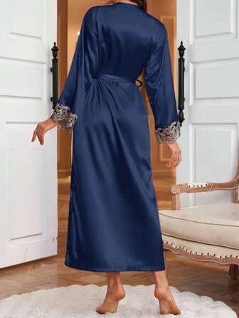 QING ROU 1pc Blue Elegant Satin Robe, Soft Lace Trim, Silky Smooth, Sexy V-Neck, Solid Color, Lightweight, Suitable For Home Wear And Bathrobe, All Season, With Waistbelt, For Women, Vacation