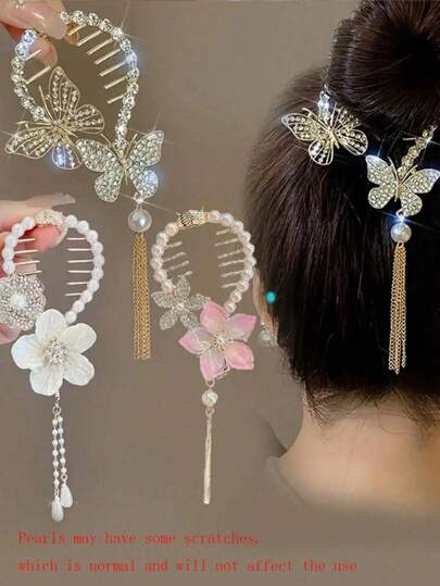 3pcs Elegant Women's Alloy Faux Pearl Crystal Bow Flower Tassel Hair Claw Clips, Stylish Hair Accessories For Ponytail, Bun, Suitable For Daily Use (Some Minor Scratches On The Faux Pearl, Which Is A Normal Phenomenon And Does Not Affect The Use) Valentine's Day Valentines Hair Claws Hair Barrettes, School Stuff, College, Pearl Hair Accessories, Vacation Outfits Woman, Bows, Cute, Looks Of Party, Head Accessories