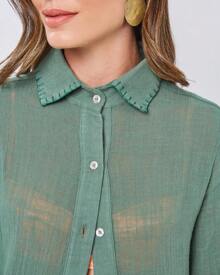 Camisa Longa Chemise Feminina com Bordado nas Costas - Verde - Visão 4