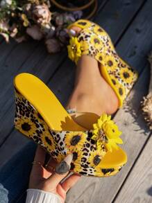 WRCVS Yellow Printed Ribbon Design Wedge Heeled Sandals, Rope Bottom, Platform, Strap , Fashion, Elevated, Lightweight, Summer - Yellow - View 2