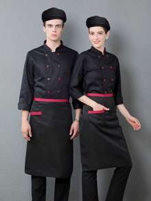 Set 3 Piezas Chaqueta De Chef Unisex De Manga Larga, Paquete Chef + Gorro De Cocina + Mandil, Uniforme De Chef De Cocina, Manga Larga, Rayas De Moda