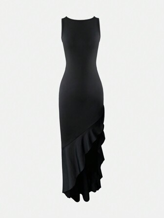 XLLAIS 性感露背荷叶边长裙 时尚开衩无袖吊带睡袍 女士优雅夜店派对礼服