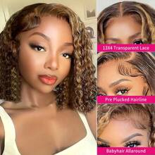 PAZAT Highlight Bob Wig Human Hair Pre Plucked Pre Cut, P4/27 Ombre Honey Blonde Curly Human Hair Wig For Women 13x4 Lace Closure Wig,180 Density