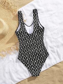 1 peça de maiô feminino floral jacquard tecido especial praia peça única, para férias de verão - Preto e Branco - Ver 4