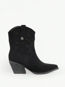 Botines de Tacón Campero Cowboy Mujer Primavera Verano, Elegantes y Cómodos con Tacón Ancho, Diseño Bordado y Perforado, Cremallera Lateral - Negro - Ver 1