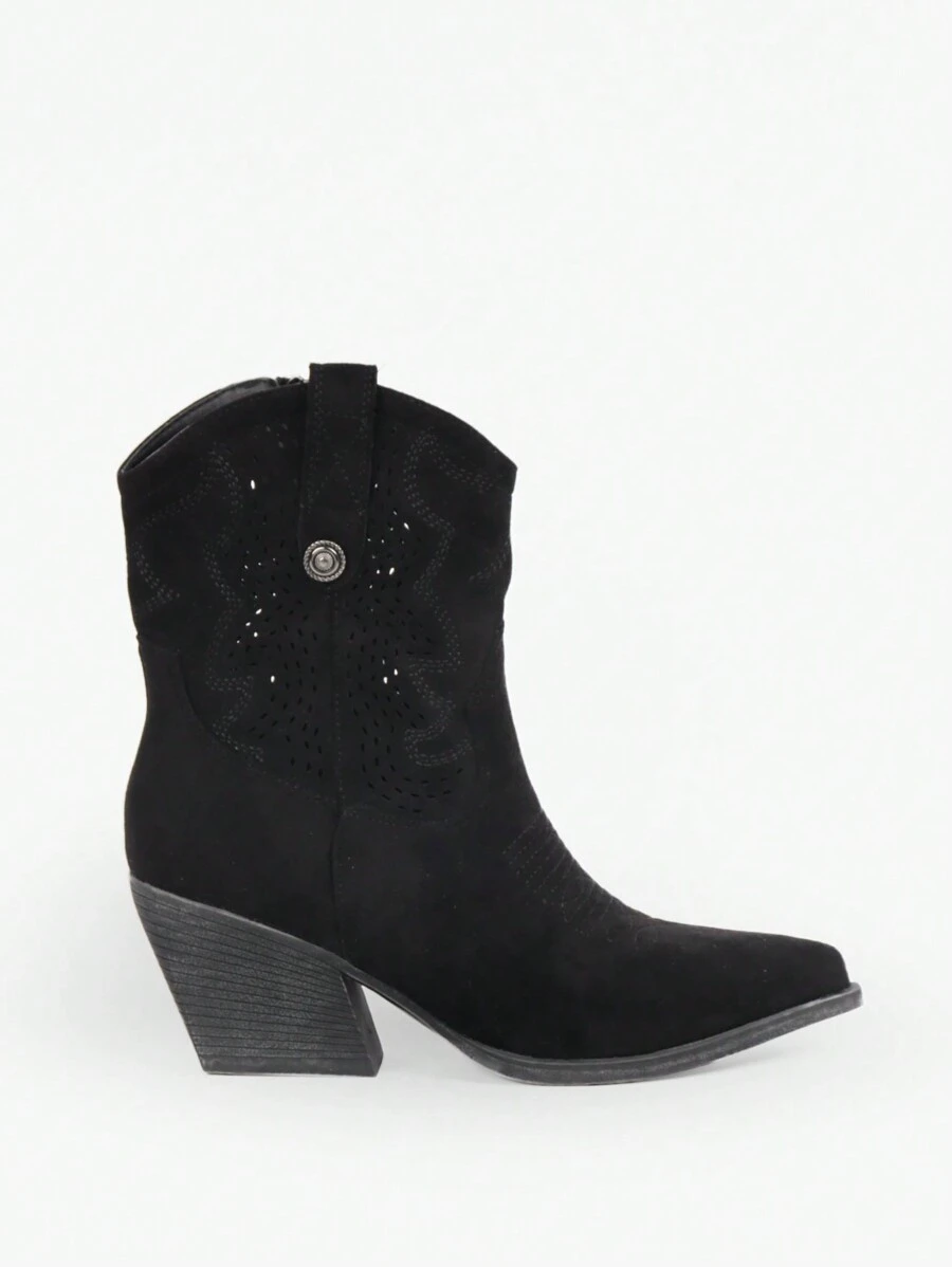 Botines de Tacón Campero Cowboy Mujer Primavera Verano, Elegantes y Cómodos con Tacón Ancho, Diseño Bordado y Perforado, Cremallera Lateral - Negro - Ver 1