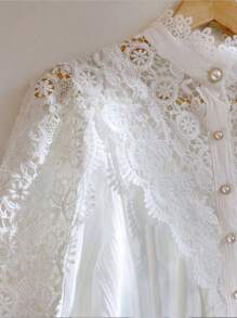 Women Mock Neck Victorian Lace Puff Sleeve Shirt  Elegant Vintage Blouse - trắng - Xem 5