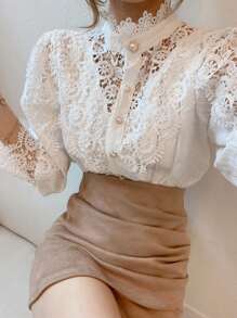 Women Mock Neck Victorian Lace Puff Sleeve Shirt  Elegant Vintage Blouse - trắng - Xem 4