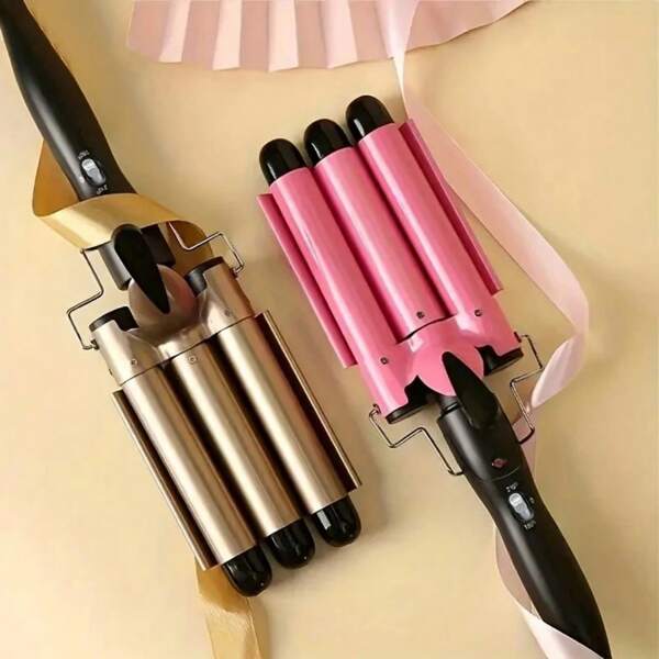 1pc Portable 22mm 25mm Simple Black Electric Hair Brush, Professional Hair Tools Curling Iron Ceramic Triple Barrel Hair Styler Hair Waver Styling Tools Hair Curlers Electric Curling