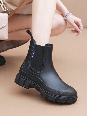 Women's New Elastic Opening Mid-Calf Rain Boots, Chelsea Style Waterproof Non-Slip Outdoor Boots