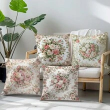 4件套复古粉白玫瑰花卉抱枕套，单面印花桃绒面料，尺寸45*45/40*40/50*50厘米，适用于现代简约沙发客厅装饰，亦可作为礼物或派对装饰。 - 彩色 - 查看 6