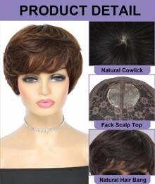 Short Pixie Cut With Fake Scalp Top Human Hair Wigs Short Straight Dark Brown #4/#2 Full Machine Made Human Hair Natural Black Wigs With Bangs For Women Daily Use - S4 - 查看 7