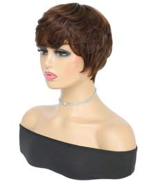 Short Pixie Cut With Fake Scalp Top Human Hair Wigs Short Straight Dark Brown #4/#2 Full Machine Made Human Hair Natural Black Wigs With Bangs For Women Daily Use - S4 - 查看 4