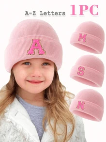 1 pieza Gorro de punto con estampado de letras para niños, accesorio de invierno cálido para uso diario de niñas bebé