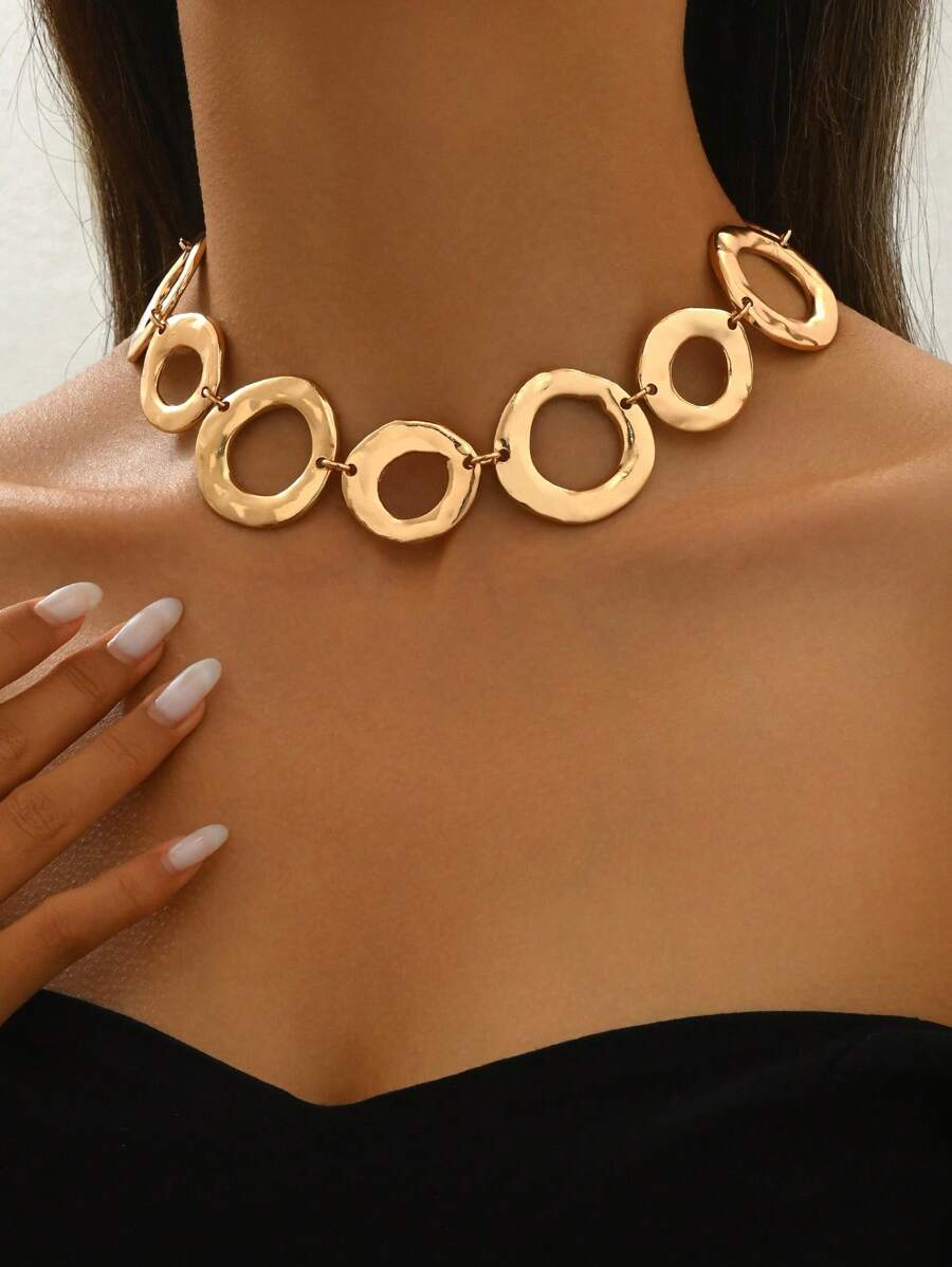 1 pieza Collar de cadena de estilo nuevo para mujer, collar corto tipo gargantilla de metal geométrico hueco asimétrico con diseño minimalista de moda hip hop, accesorio versátil para el uso diario - Amarillo Oro - Ver 1