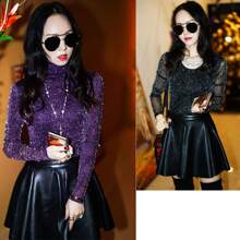 Women's Long-Sleeved T-Shirt, Mesh Base Shirt, Slimming, Shiny Material - 紫色 - 查看 6