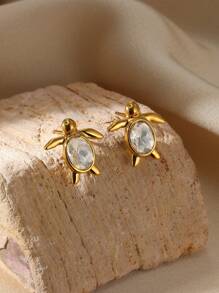 1对可爱锆石乌龟耳钉不锈钢镀金耳环2025新款女士珠宝礼物 - 金黃色 - 查看 7