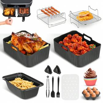 Accessori per friggitrice ad aria, set da 12 per Dual AF300UK AF400UK inclusi rivestimenti in silicone per friggitrice ad aria, griglie per friggitrice ad aria doppia, tortiera ecc. Accessori per friggitrice ad aria doppia, compatibili con forno, microonde