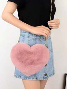 Cute Heart-Shaped Fluffy Crossbody Bag, Stylish Zipper Wallet - Perfect Valentine's Gift For Women, Suitable For Phone, Tissue, Lipstick, Compact Multi-Function Casual Shoulder Bag, Fashionable Heart Purse, Perfectly Match With Valentine's Day Dress, Perfectly Matching With Fall Outfits Women, New Arrival Fur Bag For Women , Cute