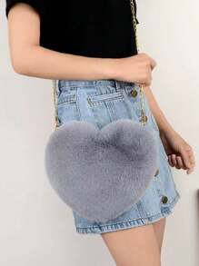 Cute Heart-Shaped Fluffy Crossbody Bag, Stylish Zipper Wallet - Perfect Valentine's Gift For Women, Suitable For Phone, Tissue, Lipstick, Compact Multi-Function Casual Shoulder Bag, Fashionable Heart Purse, Perfectly Match With Valentine's Day Dress, Perfectly Matching With Fall Outfits Women, New Arrival Fur Bag For Women , Cute