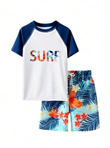 时尚儿童泳装，男童短袖泳衣套装（含泳裤），全新设计，适合大童 - 彩色 - 查看 3