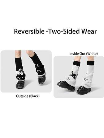 1 Pair Reversible Skull & Starry Element Leg Warmers, Flared Wide Leg Leg Warmers, Cozy