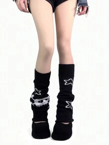 1双双面骷髅星空图案腿套，喇叭宽腿设计，舒适保暖
